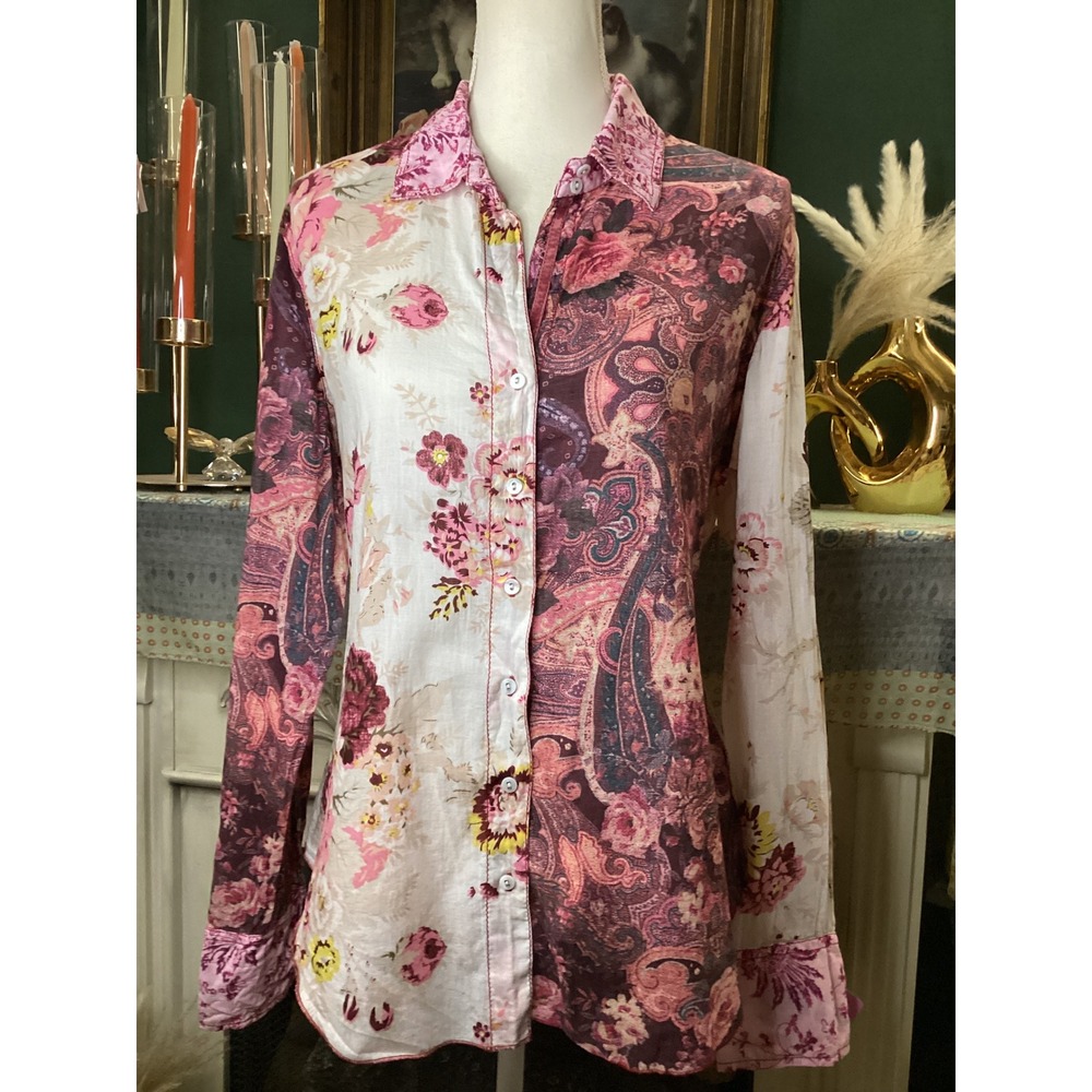 Cino Womens Medium Pink Mixed Print Paisley Floral Cotton Crinkle Button Down